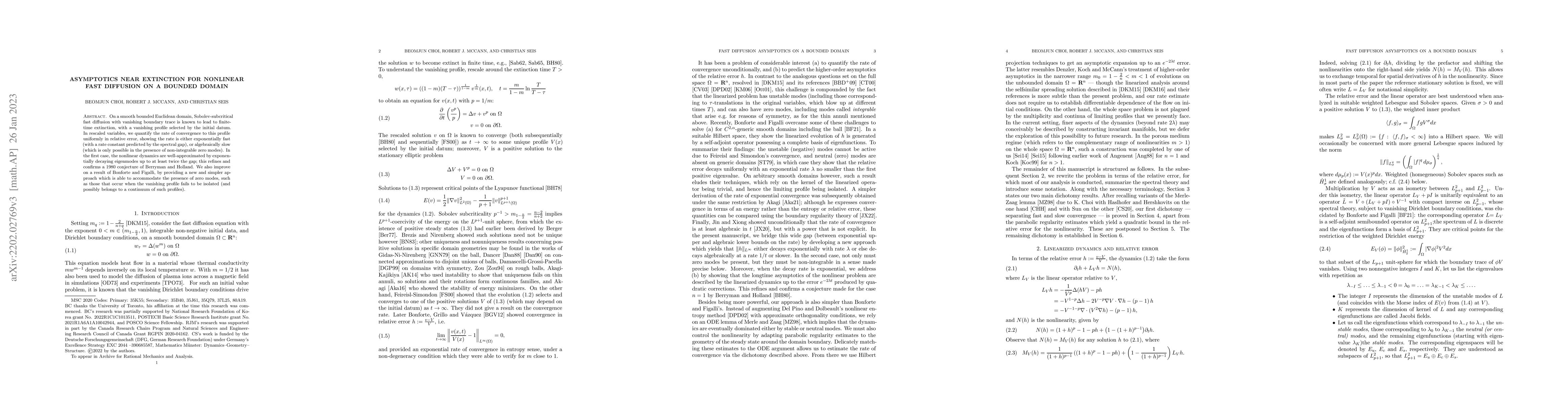 Thumbnail for Asymptotics near extinction for nonlinear fast diffusion on a bounded
  domain