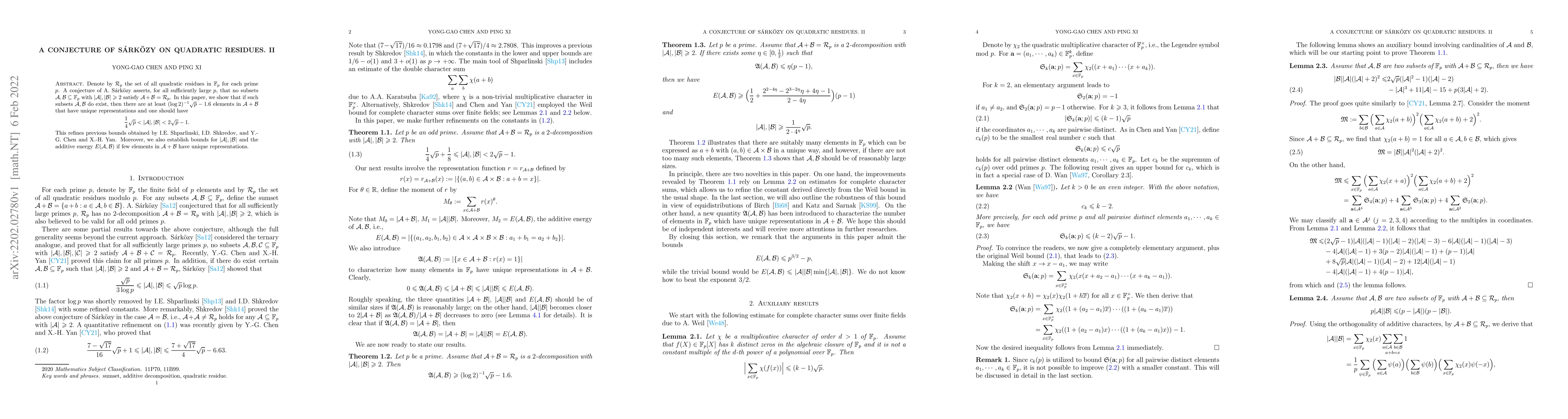 Thumbnail for A conjecture of S\'ark\"ozy on quadratic residues, II
