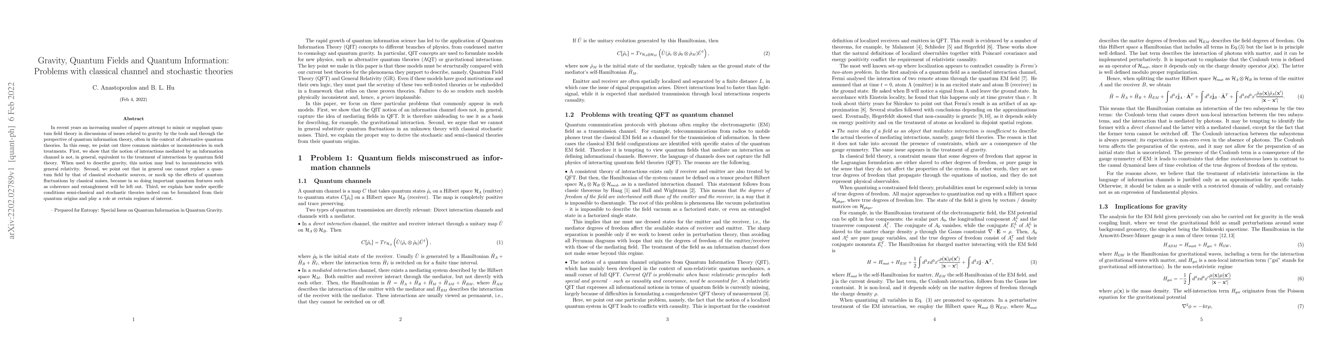 Thumbnail for Gravity, Quantum Fields and Quantum Information: Problems with classical
  channel and stochastic theories