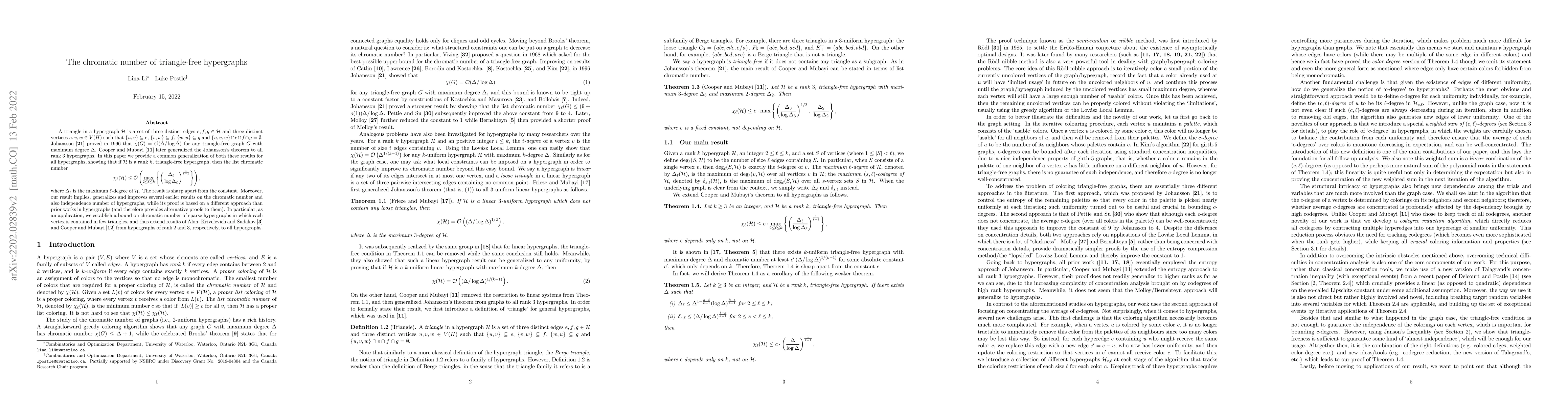 Thumbnail for The chromatic number of triangle-free hypergraphs