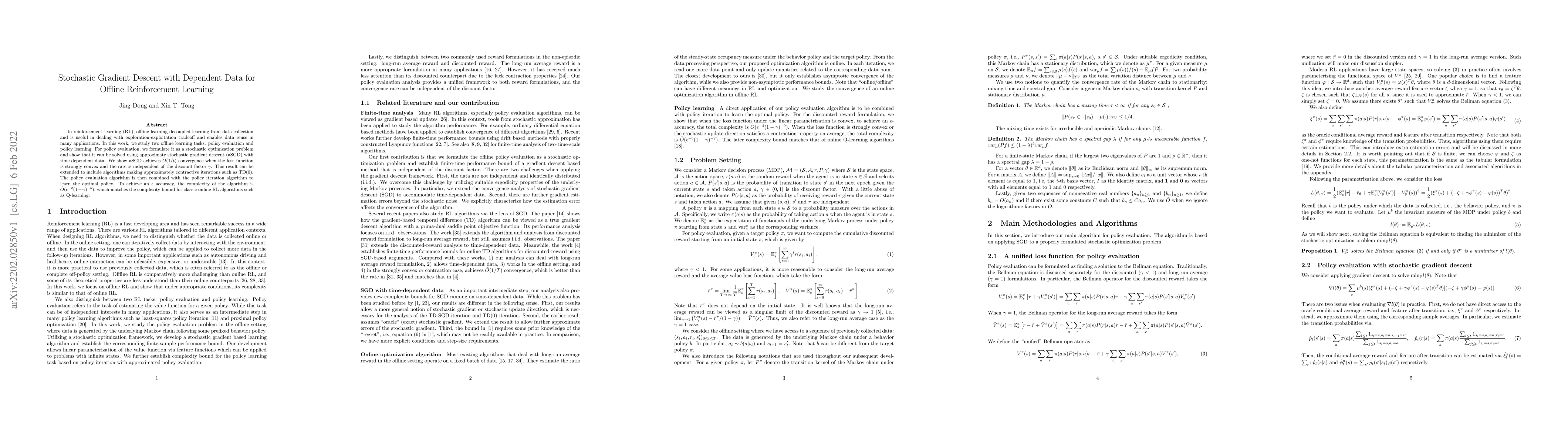 Thumbnail for Stochastic Gradient Descent with Dependent Data for Offline
  Reinforcement Learning