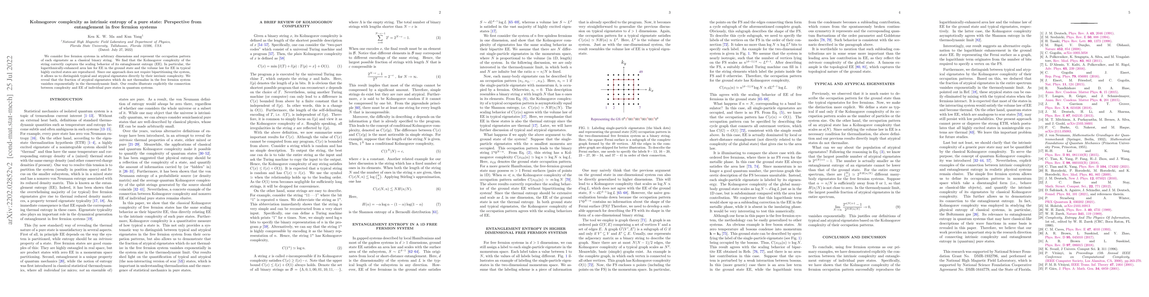 Thumbnail for Kolmogorov complexity as intrinsic entropy of a pure state: Perspective
  from entanglement in free fermion systems