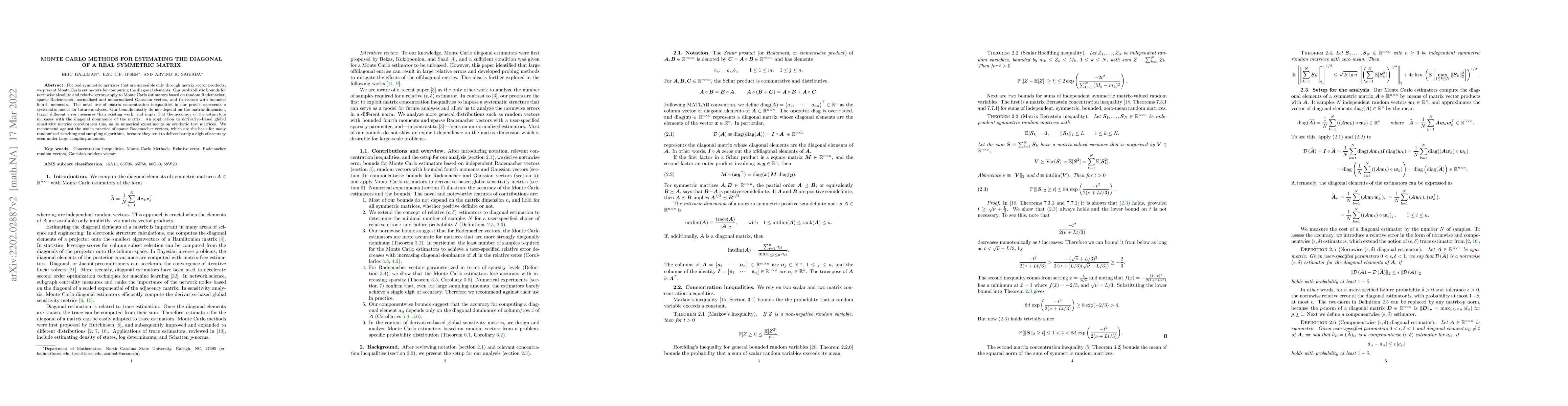 Thumbnail for Monte Carlo Methods for Estimating the Diagonal of a Real Symmetric
  Matrix