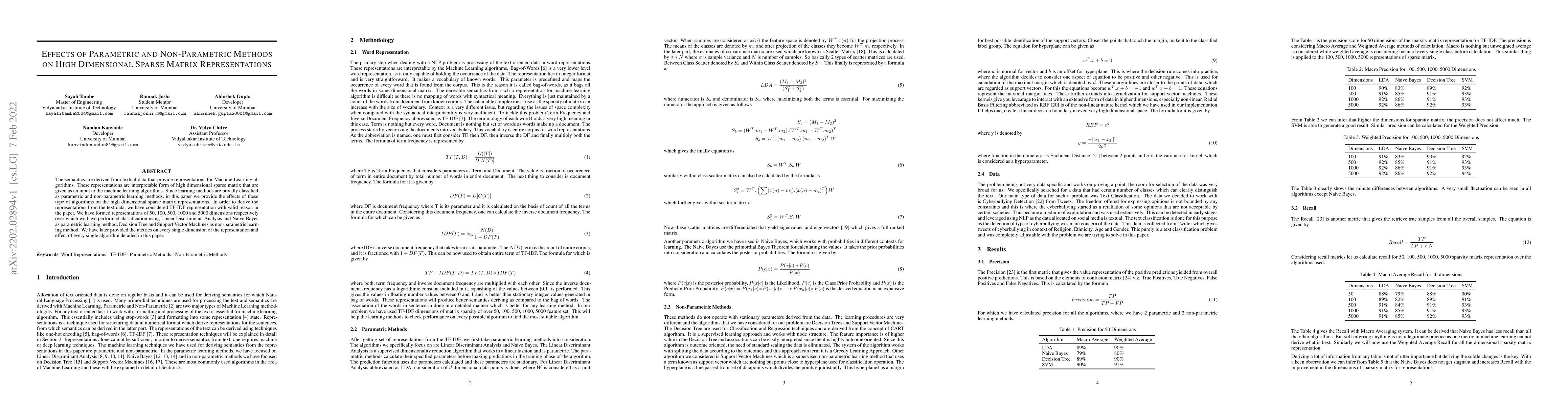 Thumbnail for Effects of Parametric and Non-Parametric Methods on High Dimensional
  Sparse Matrix Representations