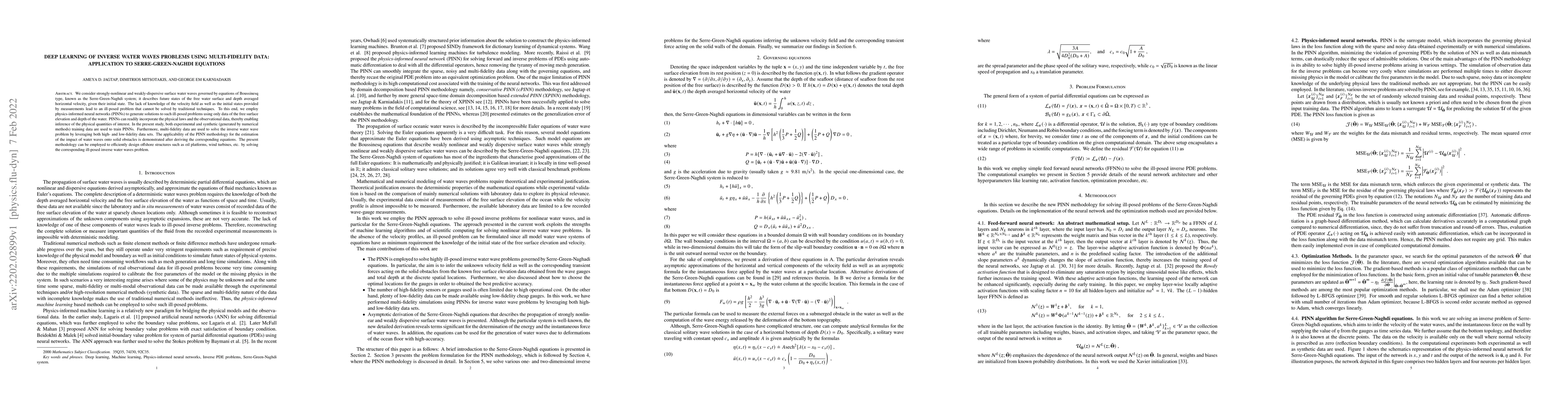 Thumbnail for Deep learning of inverse water waves problems using multi-fidelity data:
  Application to Serre-Green-Naghdi equations
