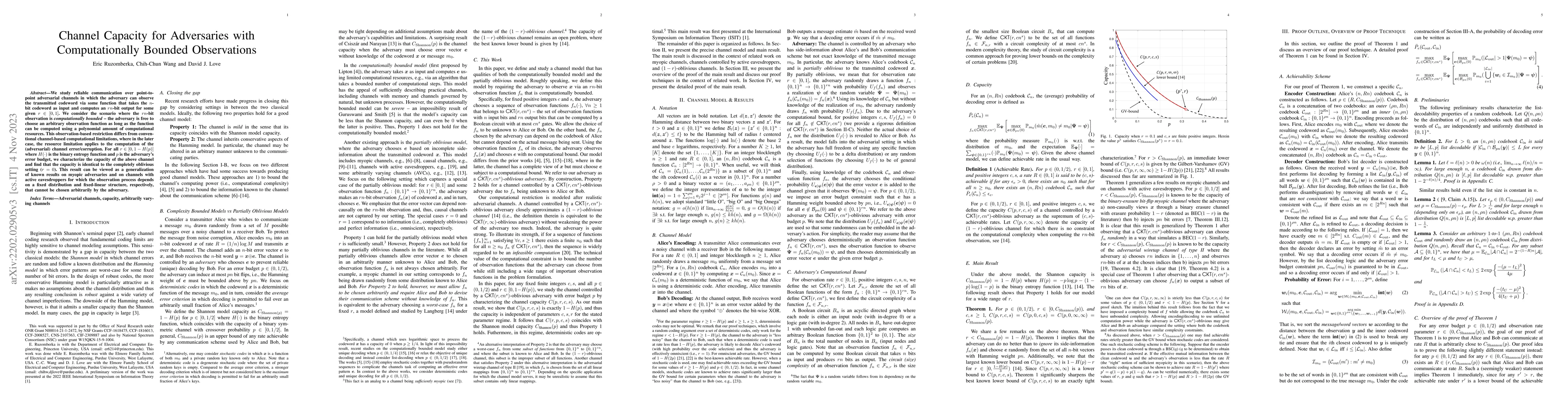 Thumbnail for Channel Capacity for Adversaries with Computationally Bounded
  Observations