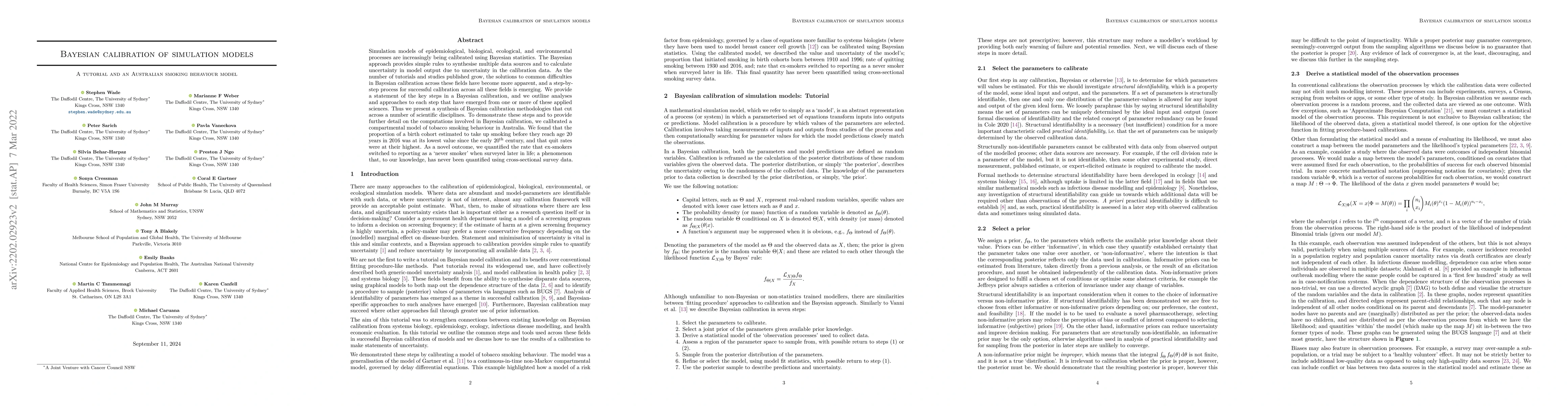 Thumbnail for Bayesian calibration of simulation models: A tutorial and an Australian
  smoking behaviour model