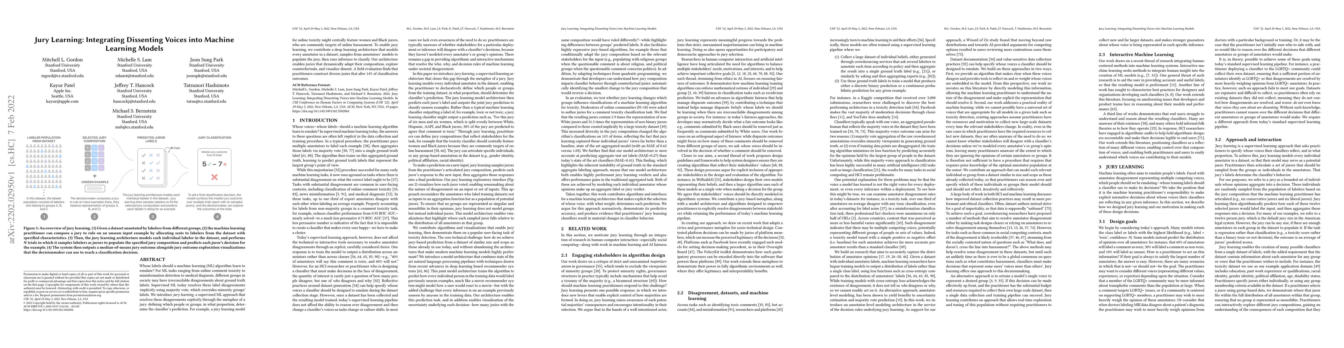 Thumbnail for Jury Learning: Integrating Dissenting Voices into Machine Learning
  Models