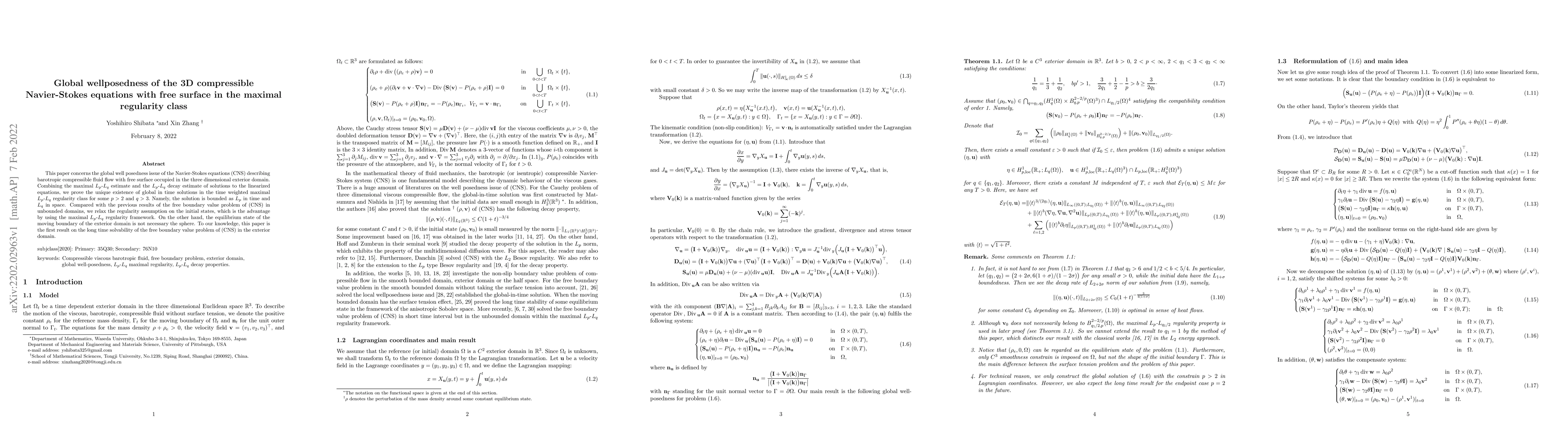 Thumbnail for Global wellposedness of the 3D compressible Navier-Stokes equations with
  free surface in the maximal regularity class