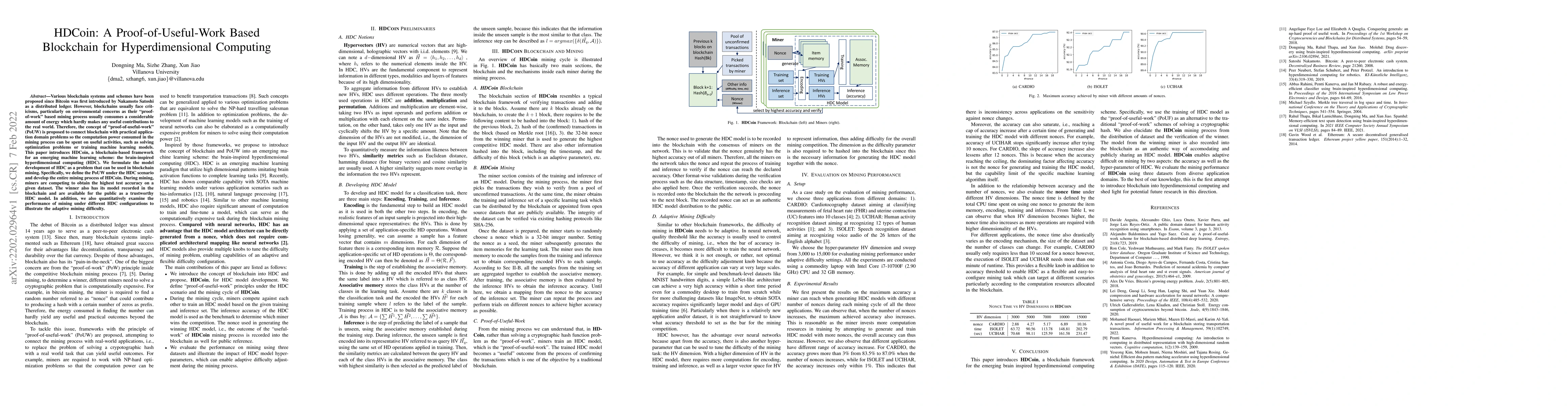 Thumbnail for HDCoin: A Proof-of-Useful-Work Based Blockchain for Hyperdimensional
  Computing