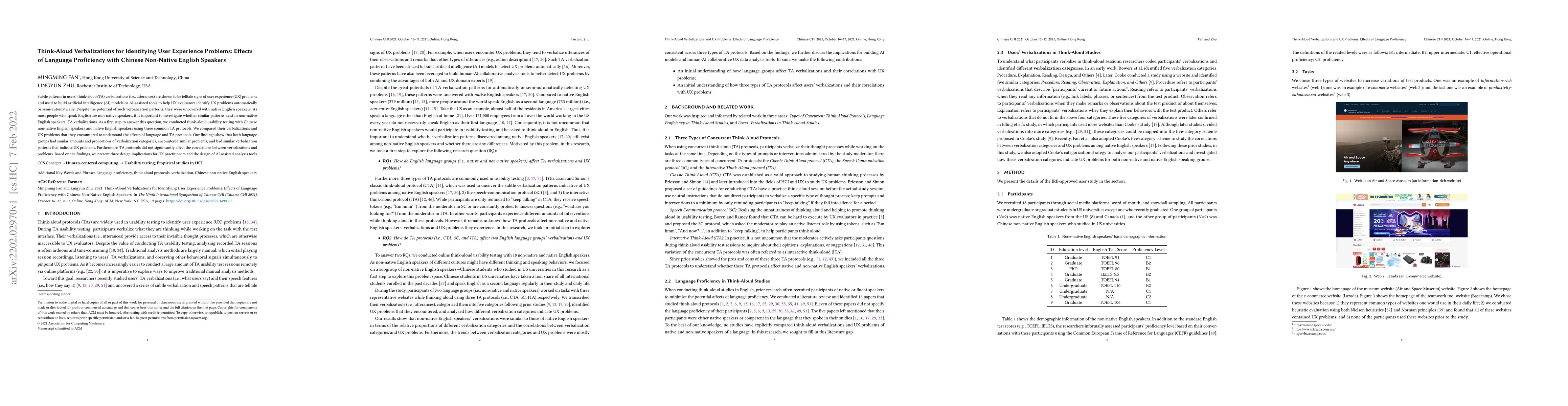 Thumbnail for Think-Aloud Verbalizations for Identifying User Experience Problems:
  Effects of Language Proficiency with Chinese Non-Native English Speakers