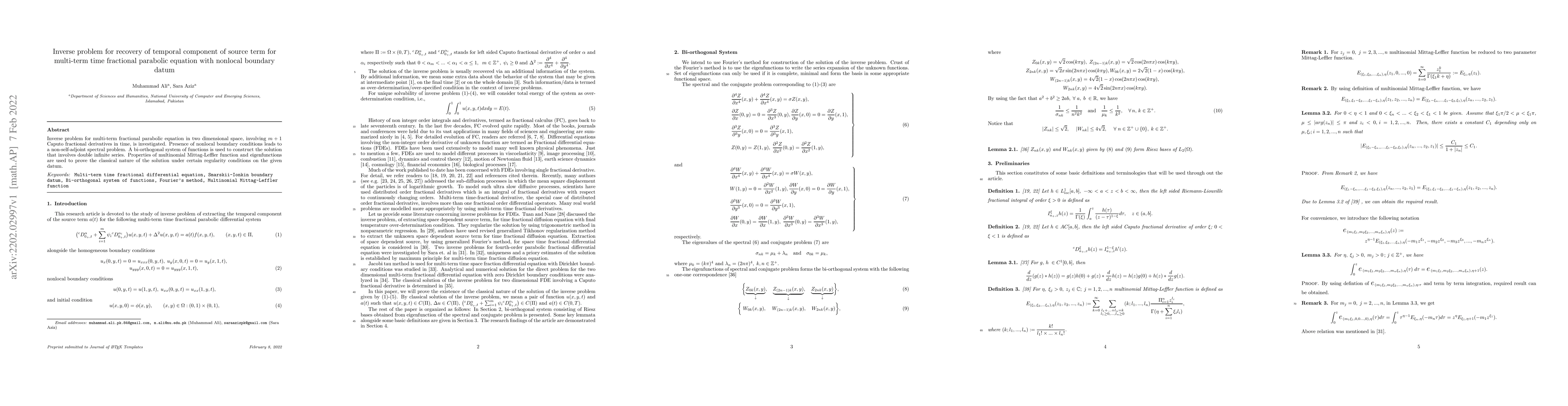 Thumbnail for Inverse problem for recovery of temporal component of source term for
  multi-term time fractional parabolic equation with nonlocal boundary datum