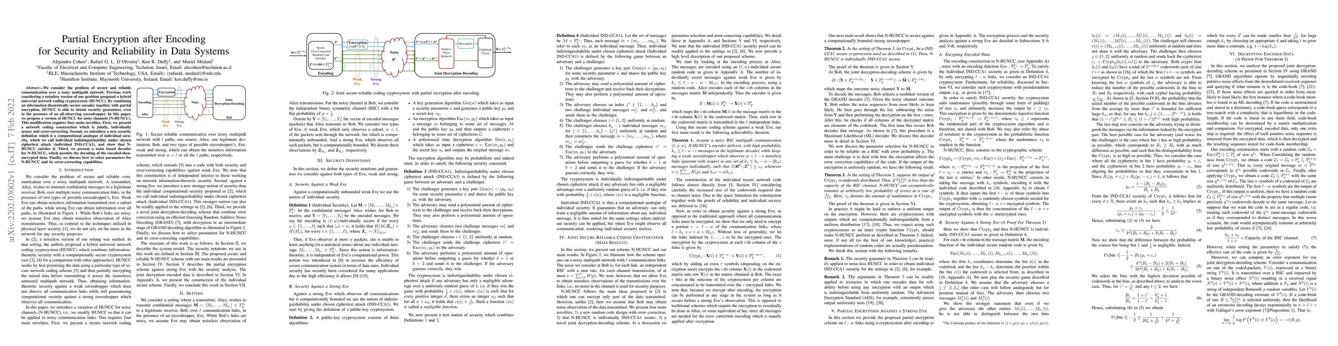 Thumbnail for Partial Encryption after Encoding for Security and Reliability in Data
  Systems