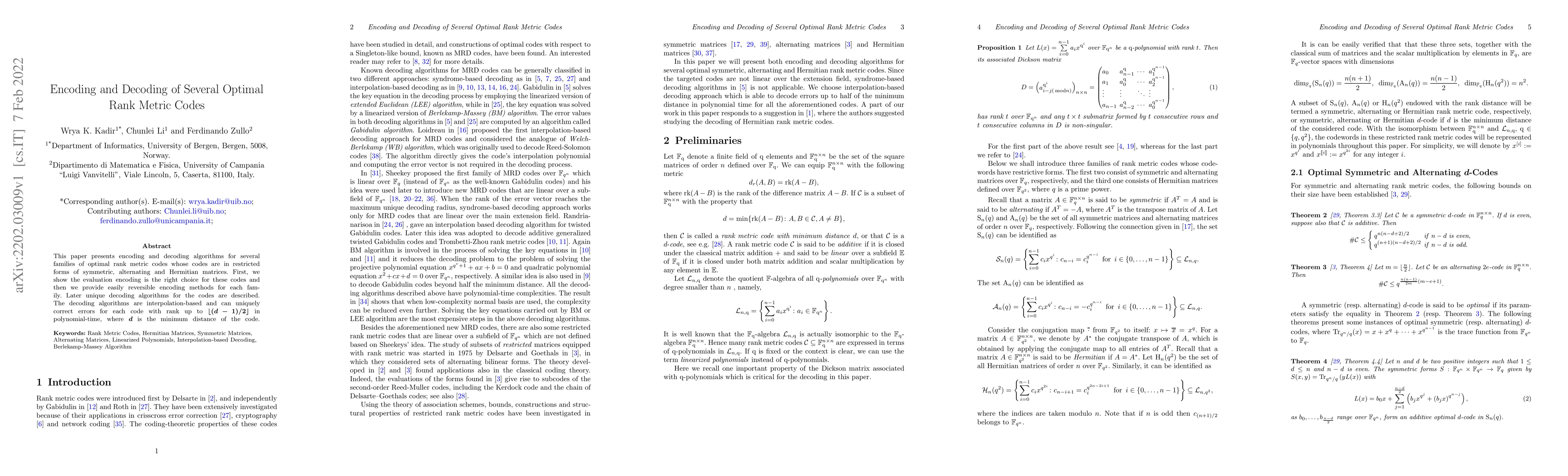 Thumbnail for Encoding and Decoding of Several Optimal Rank Metric Codes