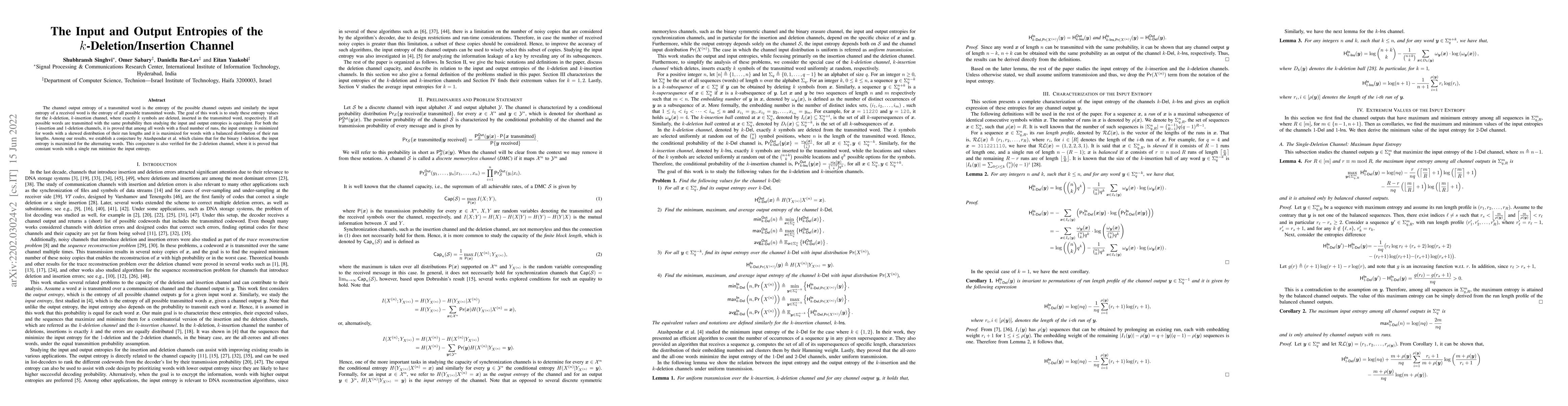 Thumbnail for The Input and Output Entropies of the $k$-Deletion/Insertion Channel