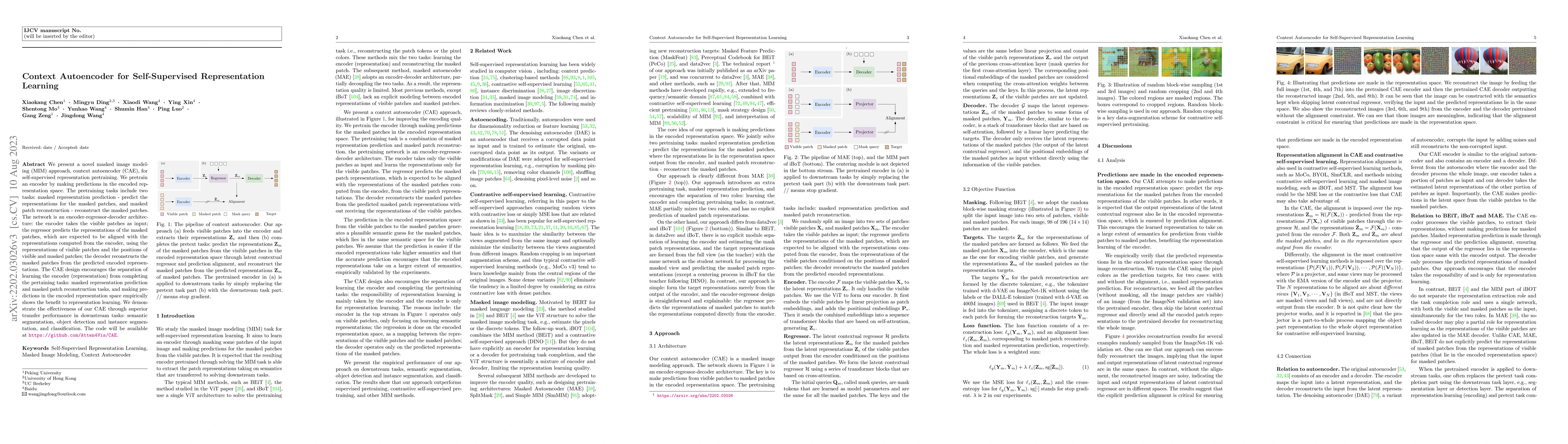 Thumbnail for Context Autoencoder for Self-Supervised Representation Learning