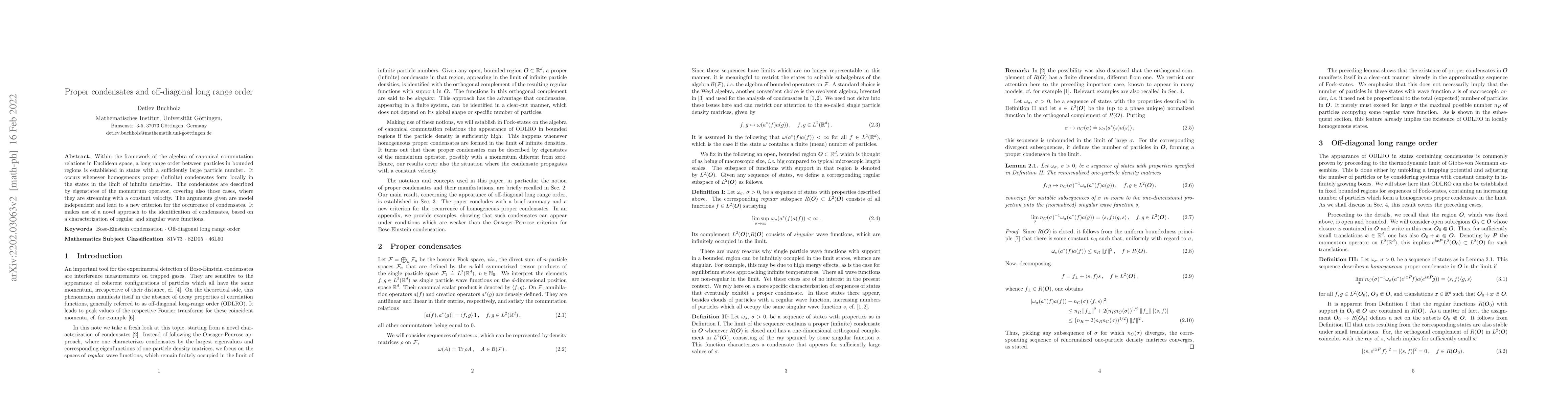 Thumbnail for Proper condensates and off-diagonal long range order