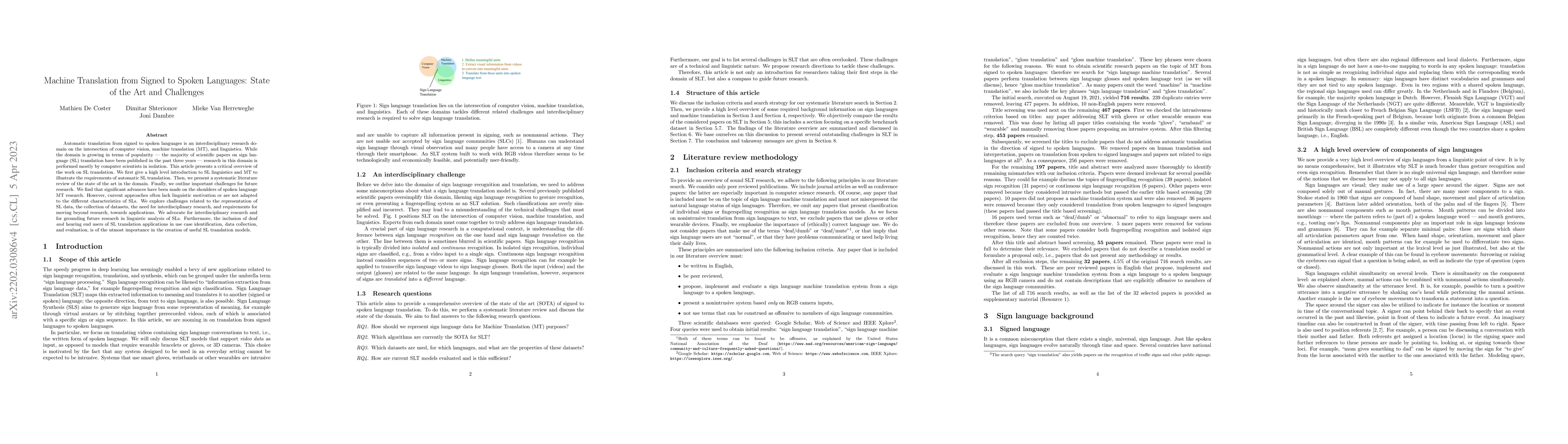 Thumbnail for Machine Translation from Signed to Spoken Languages: State of the Art
  and Challenges
