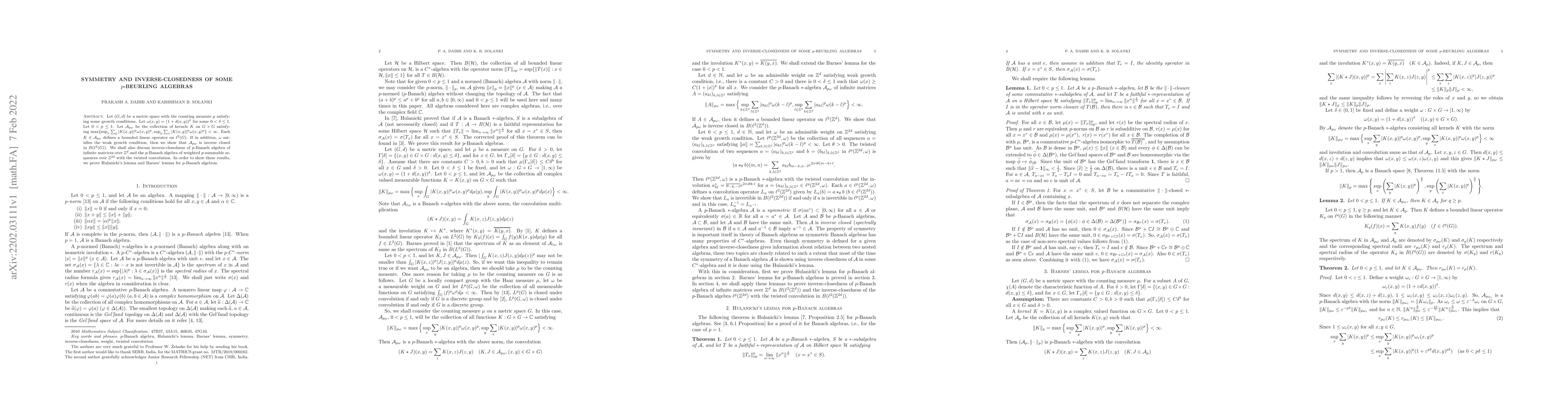 Thumbnail for Symmetry and inverse-closedness of some $p$-Beurling algebras