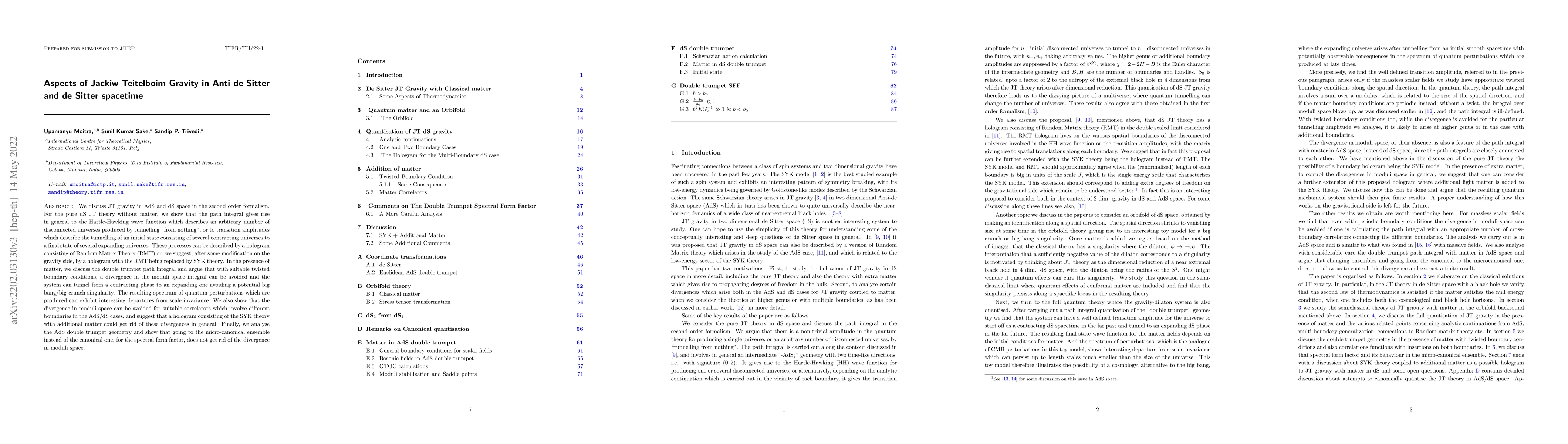 Thumbnail for Aspects of Jackiw-Teitelboim Gravity in Anti-de Sitter and de Sitter
  spacetime