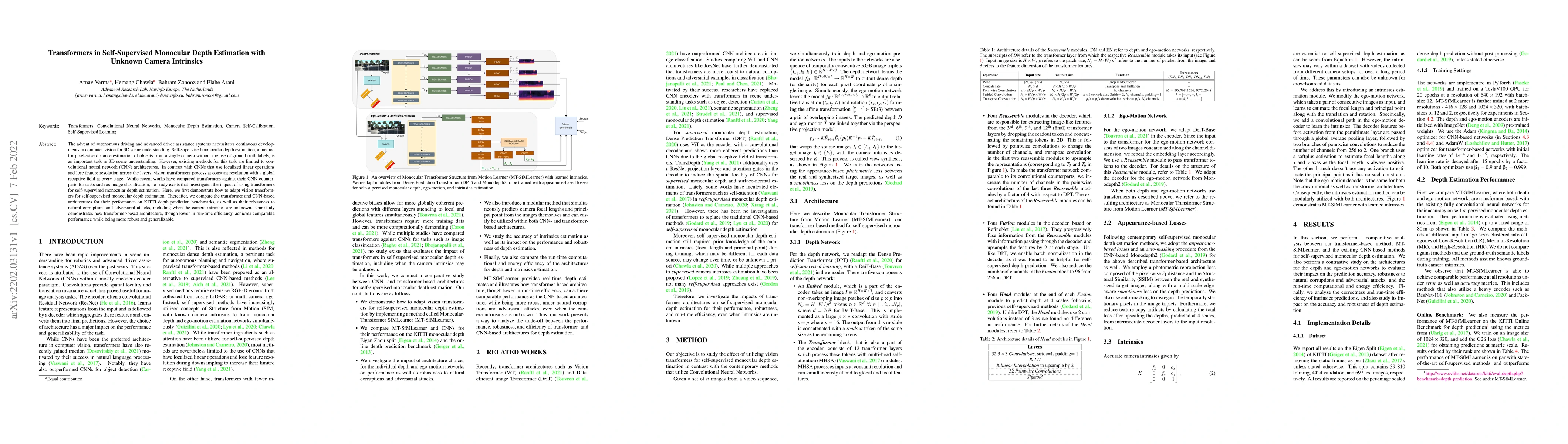 Thumbnail for Transformers in Self-Supervised Monocular Depth Estimation with Unknown
  Camera Intrinsics