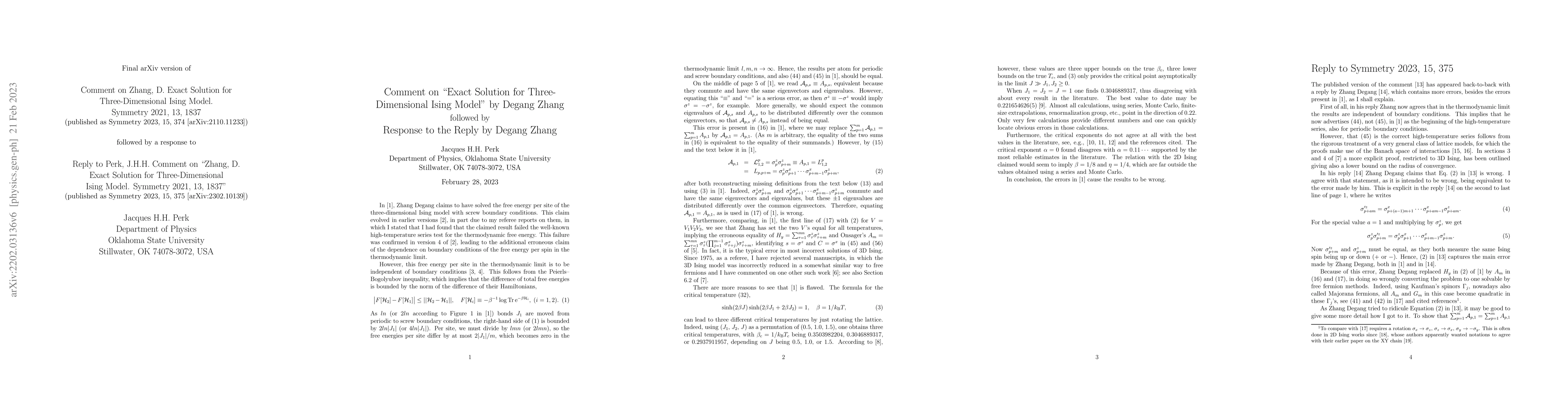 Thumbnail for Comment on "Exact Solution for Three-Dimensional Ising Model" by Degang
  Zhang followed by Response to the Reply by Degang Zhang