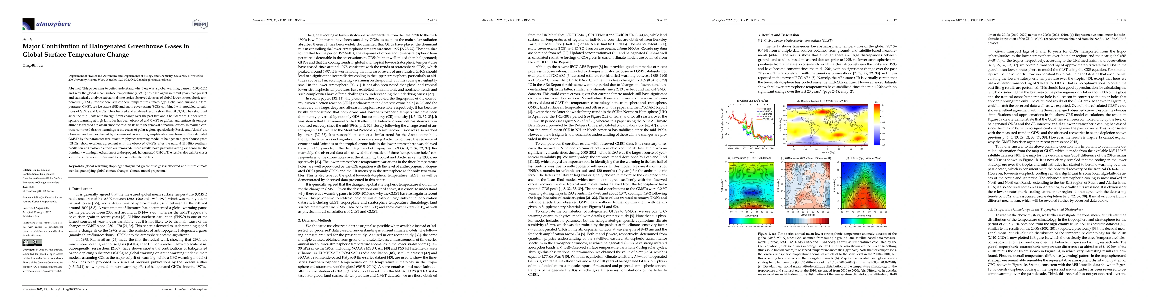 Thumbnail for Major Contribution of Halogenated Greenhouse Gases to Global Surface
  Temperature Change
