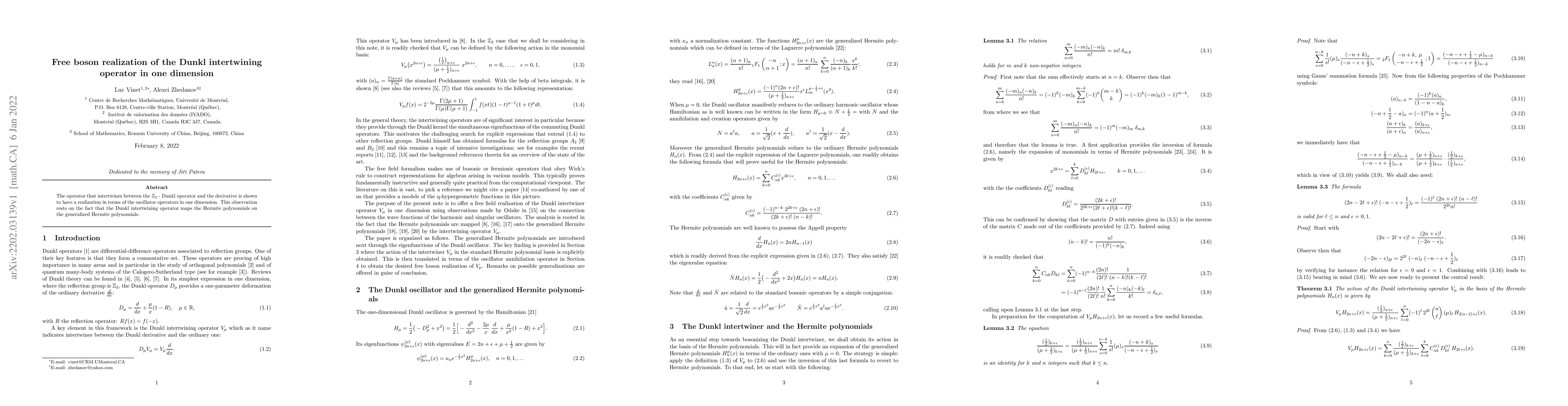 Thumbnail for Free boson realization of the Dunkl intertwining operator in one
  dimension