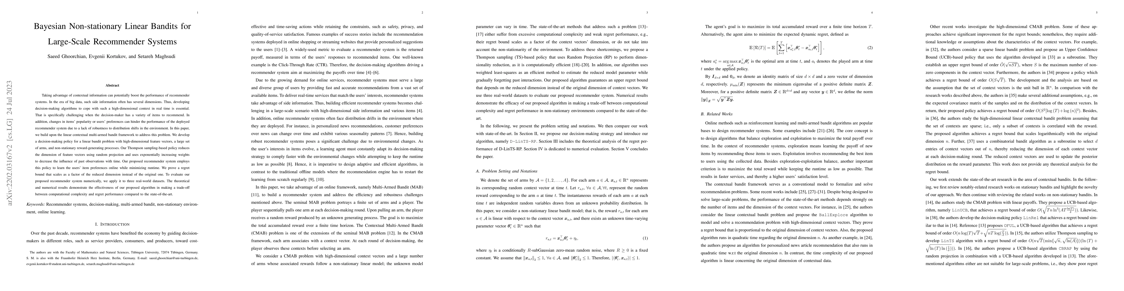 Thumbnail for Bayesian Non-stationary Linear Bandits for Large-Scale Recommender
  Systems