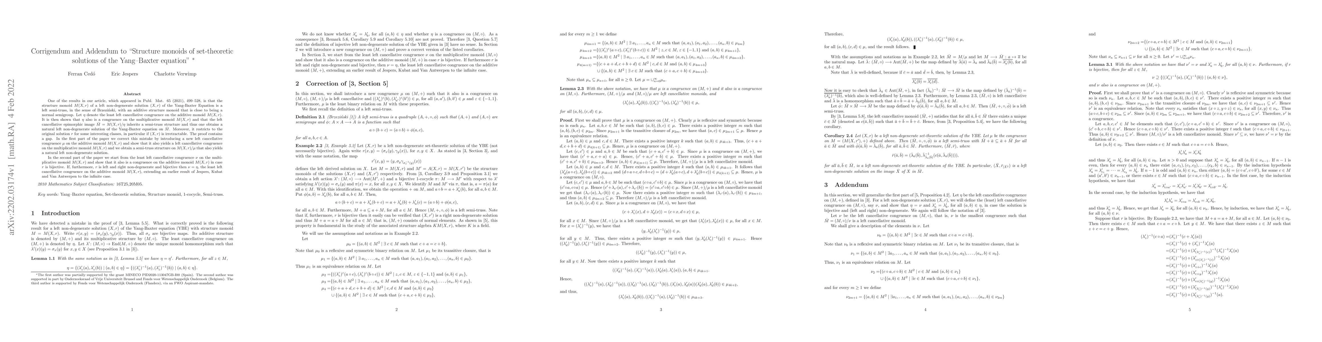 Thumbnail for Corrigendum and Addendum to "Structure monoids of set-theoretic
  solutions of the Yang--Baxter equation"