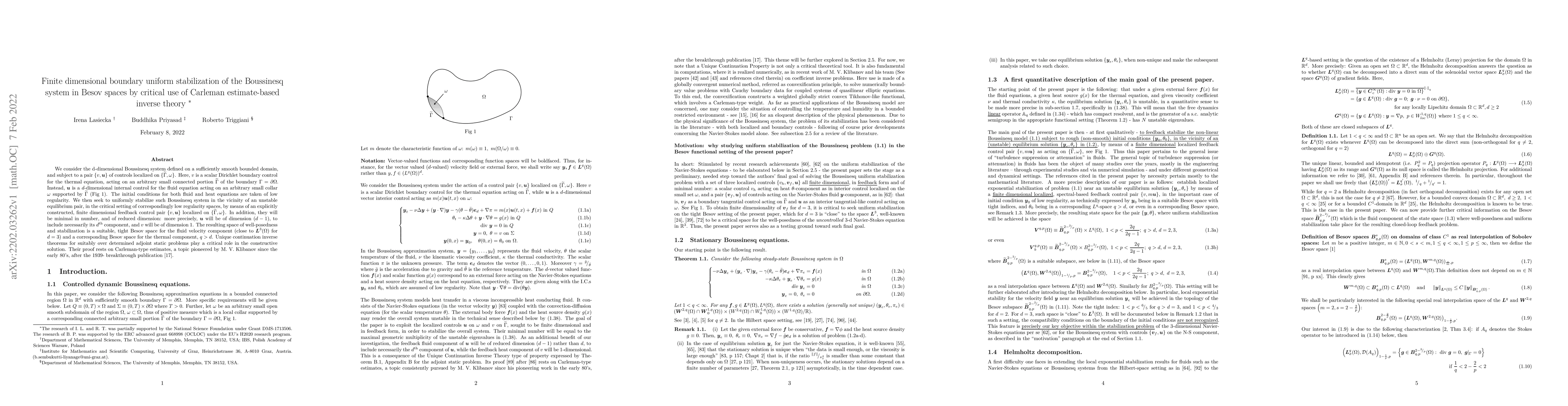 Thumbnail for Finite dimensional boundary uniform stabilization of the Boussinesq
  system in Besov spaces by critical use of Carleman estimate-based inverse
  theory