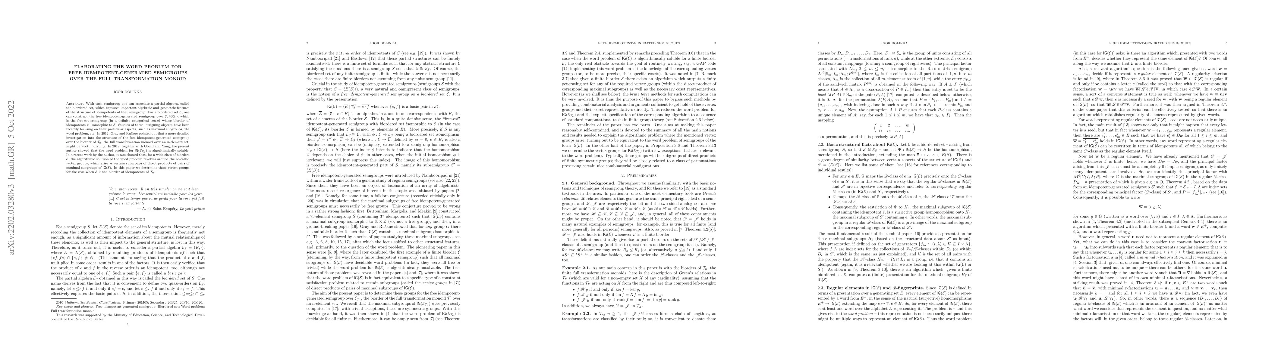 Thumbnail for Elaborating the word problem for free idempotent-generated semigroups
  over the full transformation monoid