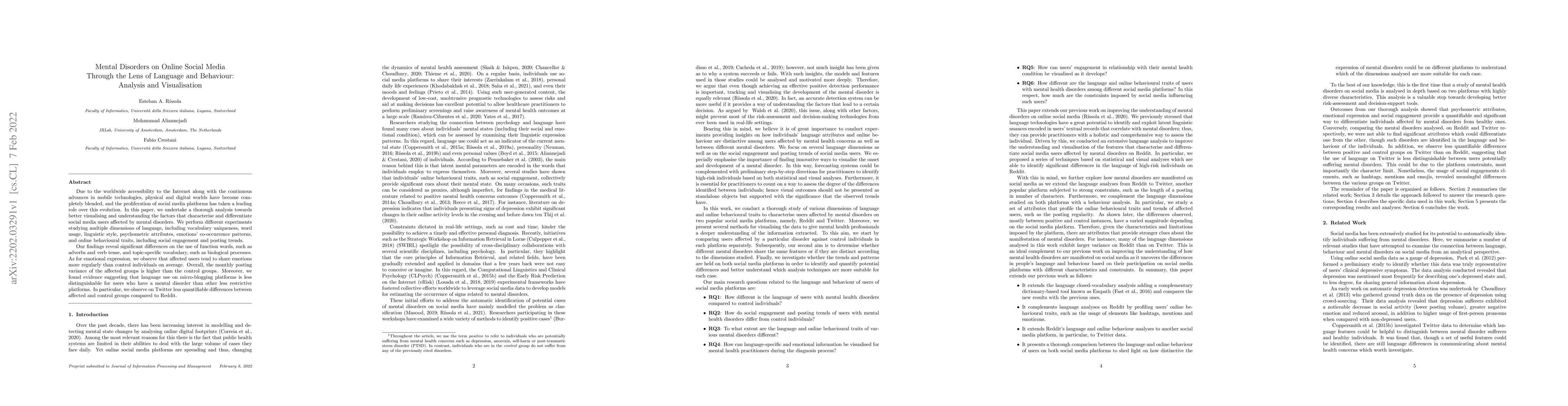 Thumbnail for Mental Disorders on Online Social Media Through the Lens of Language and
  Behaviour: Analysis and Visualisation