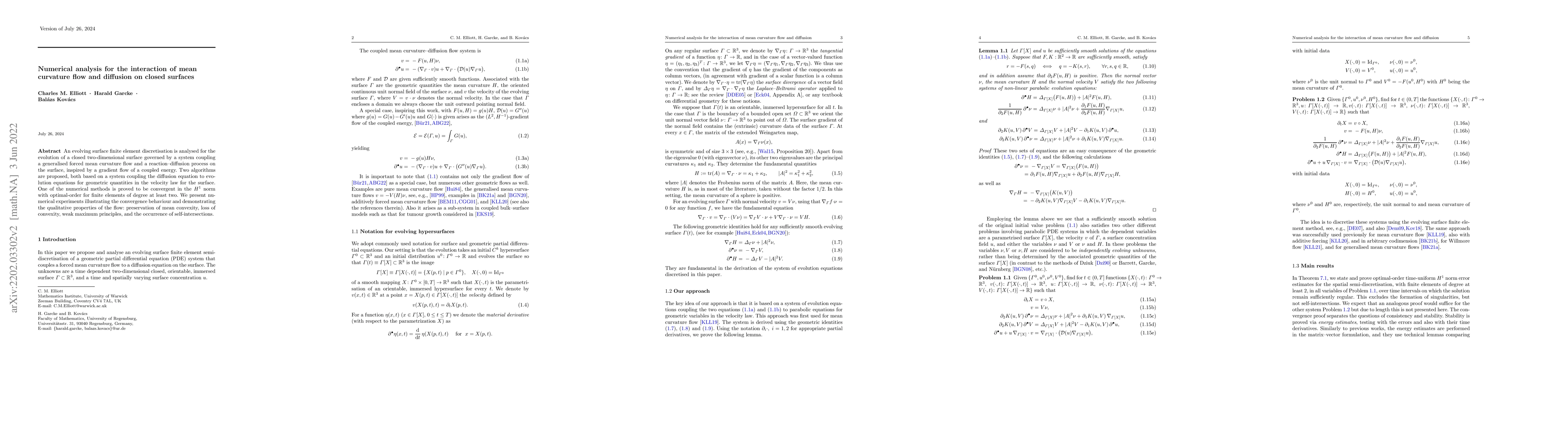 Thumbnail for Numerical analysis for the interaction of mean curvature flow and
  diffusion on closed surfaces
