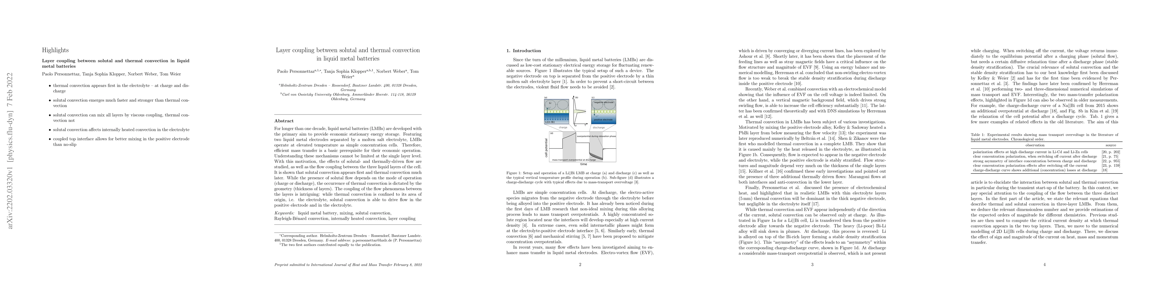 Thumbnail for Layer coupling between solutal and thermal convection in liquid metal
  batteries