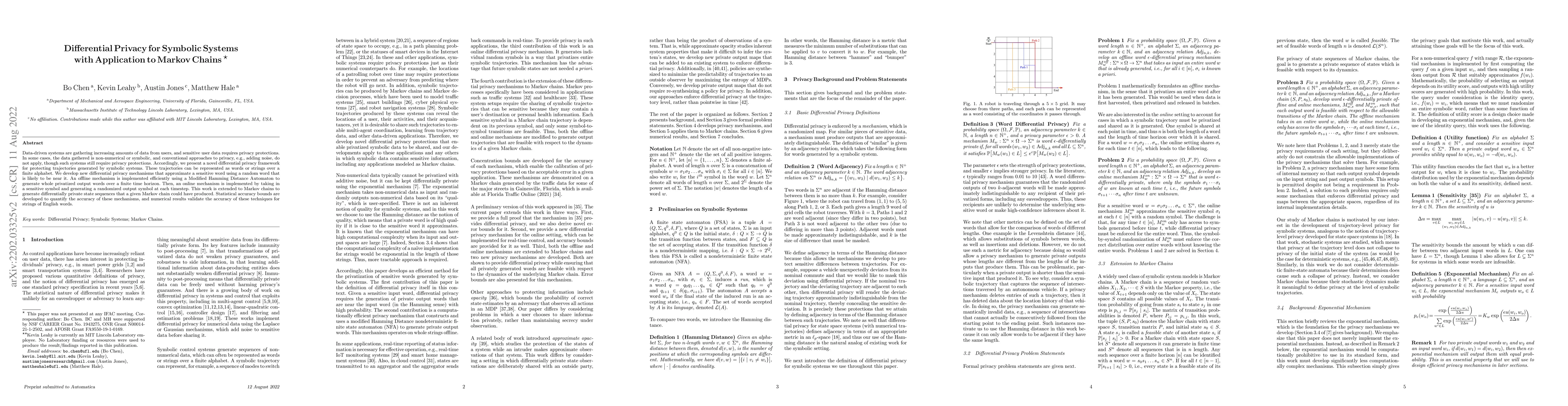 Thumbnail for Differential Privacy for Symbolic Systems with Application to Markov
  Chains