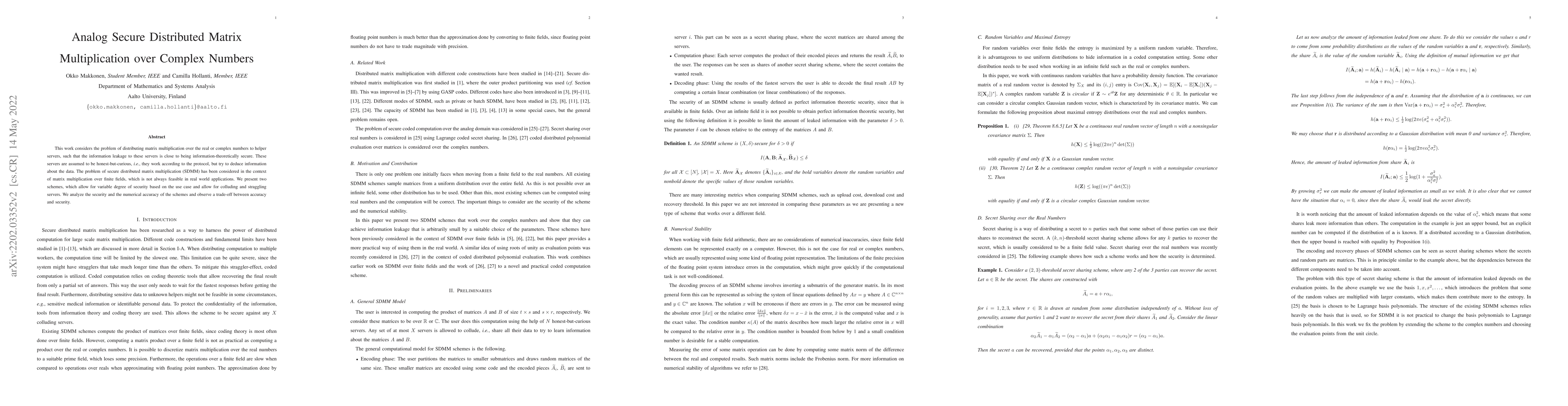 Thumbnail for Analog Secure Distributed Matrix Multiplication over Complex Numbers