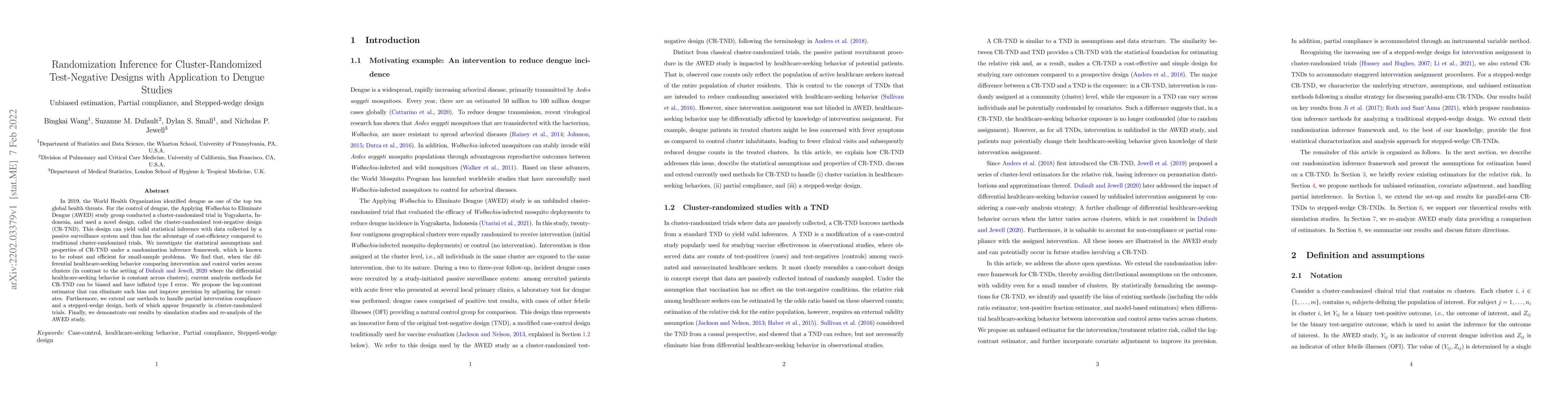Thumbnail for Randomization Inference for Cluster-Randomized Test-Negative Designs
  with Application to Dengue Studies: Unbiased estimation, Partial compliance,
  and Stepped-wedge design