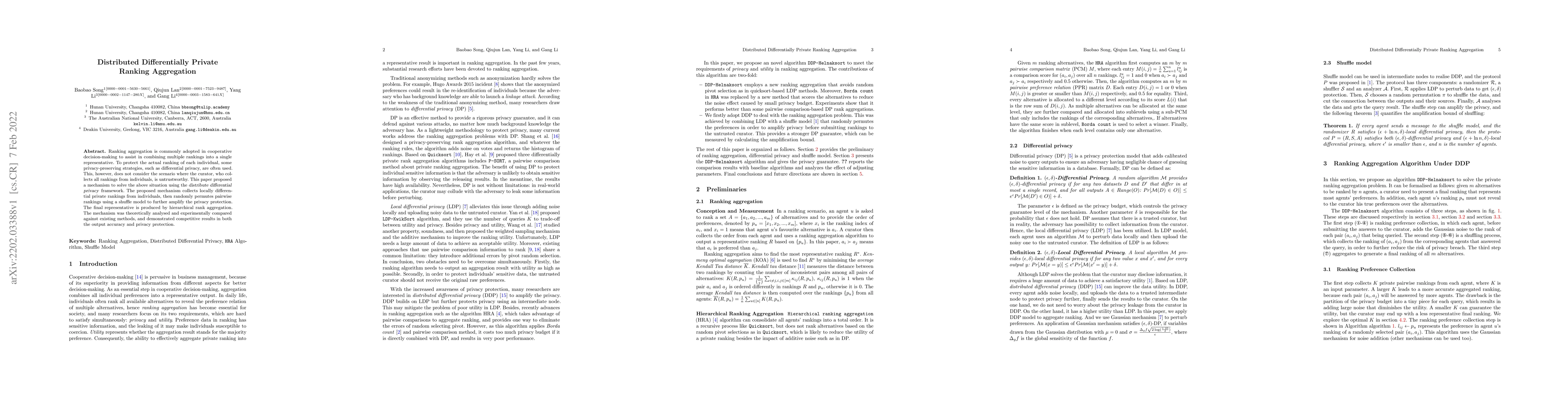 Thumbnail for Distributed Differentially Private Ranking Aggregation