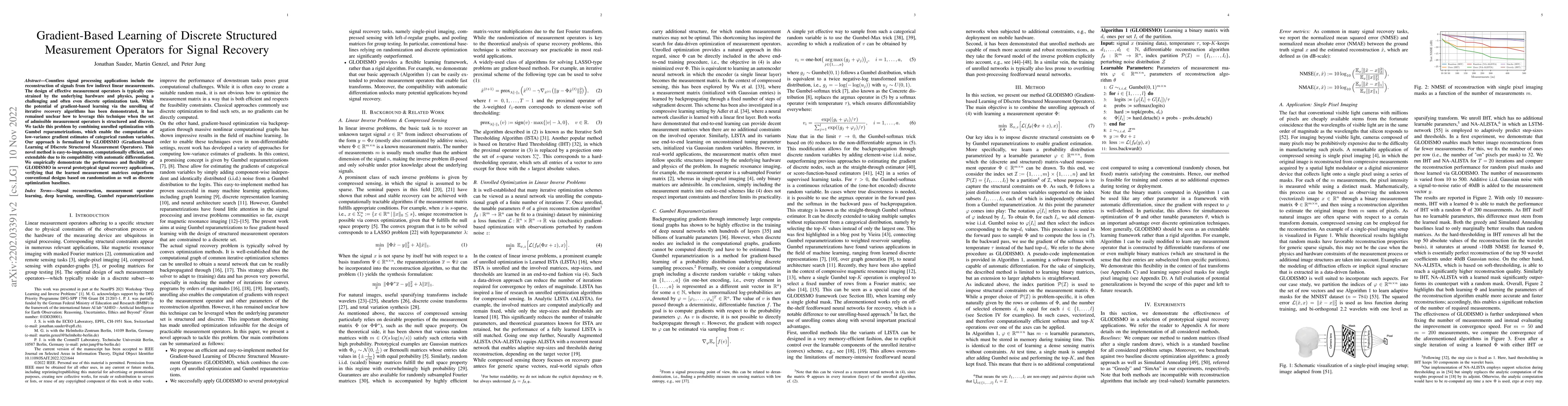 Thumbnail for Gradient-Based Learning of Discrete Structured Measurement Operators for
  Signal Recovery
