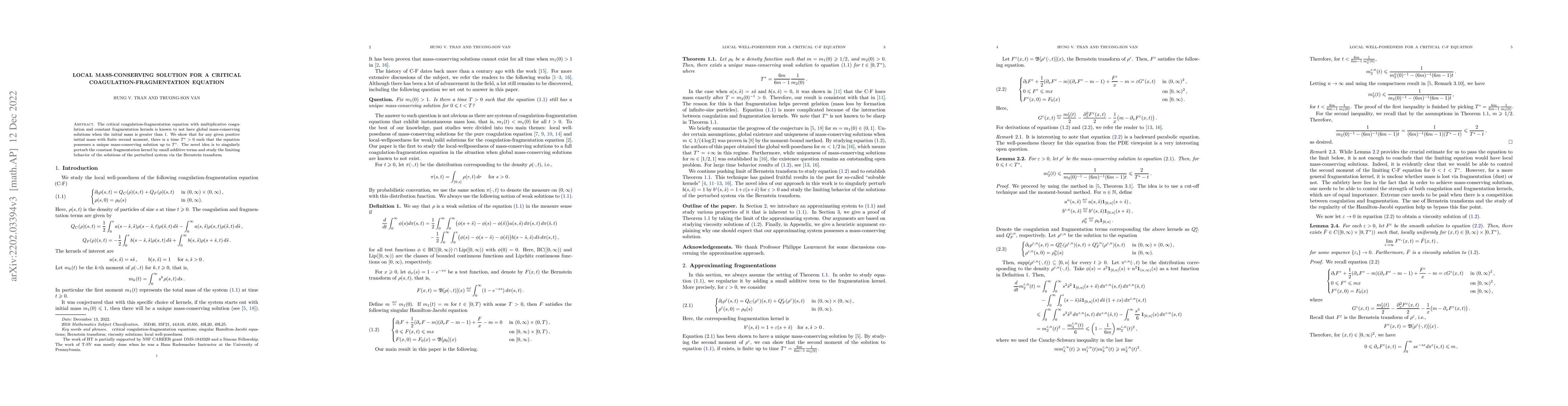 Thumbnail for Local mass-conserving solution for a critical Coagulation-Fragmentation
  equation