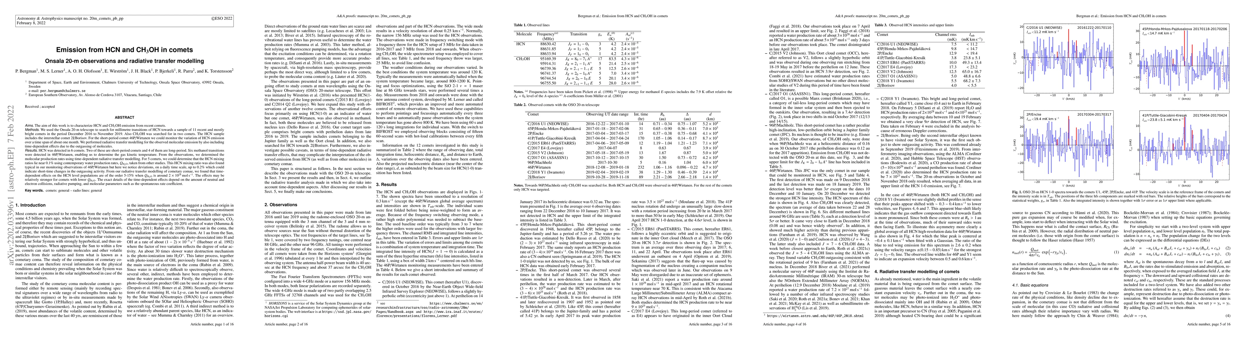 Thumbnail for Emission from HCN and CH$_3$OH in comets. Onsala 20-m observations and
  radiative transfer modelling