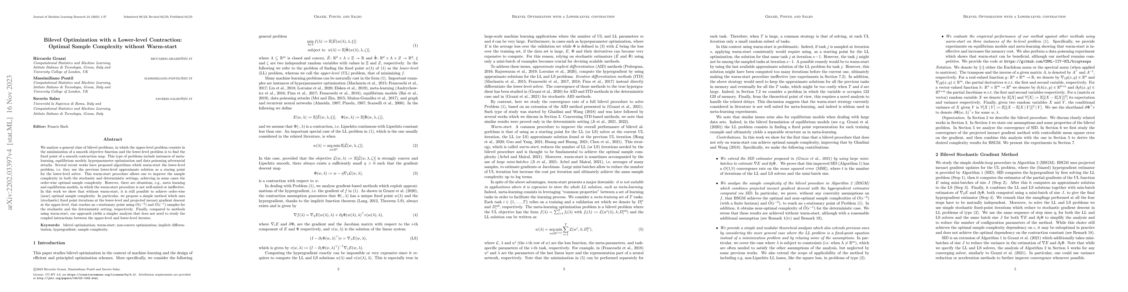 Thumbnail for Bilevel Optimization with a Lower-level Contraction: Optimal Sample
  Complexity without Warm-start