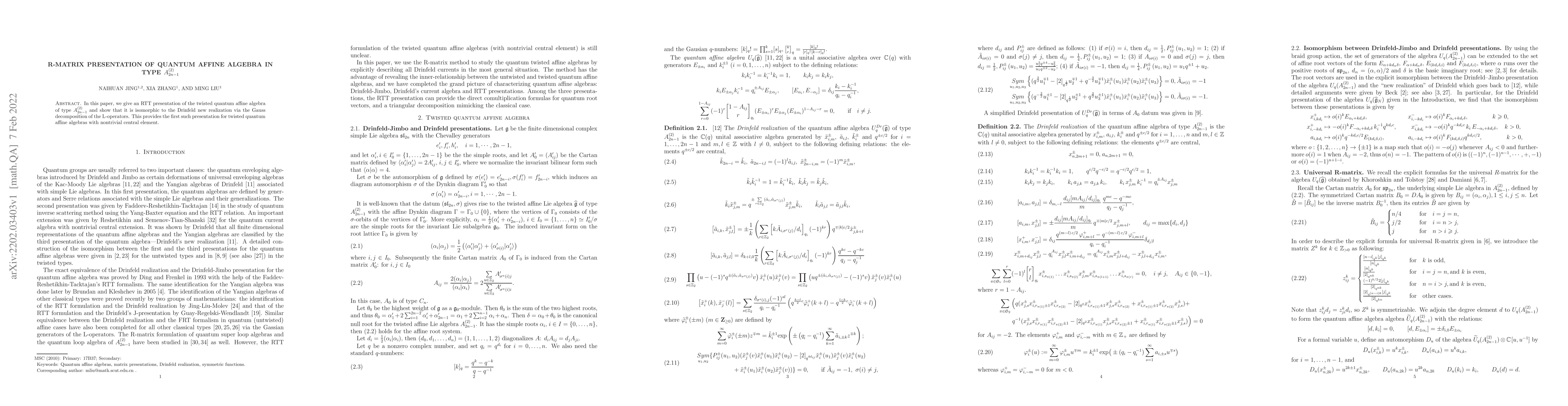 Thumbnail for R-Matrix presentation of quantum affine algebra in type $A_{2n-1}^{(2)}$