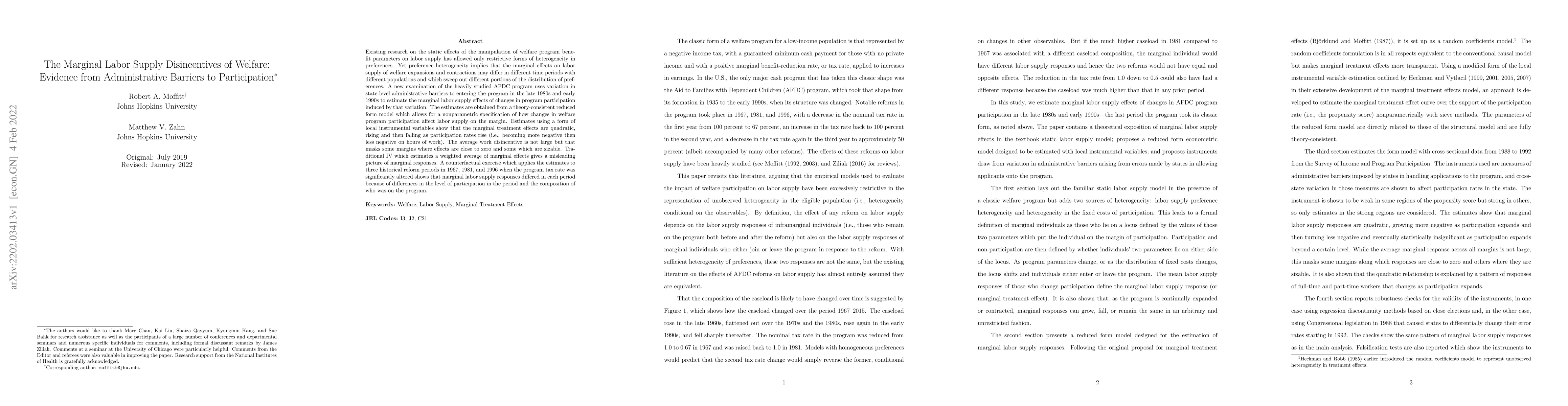 Thumbnail for The Marginal Labor Supply Disincentives of Welfare: Evidence from
  Administrative Barriers to Participation