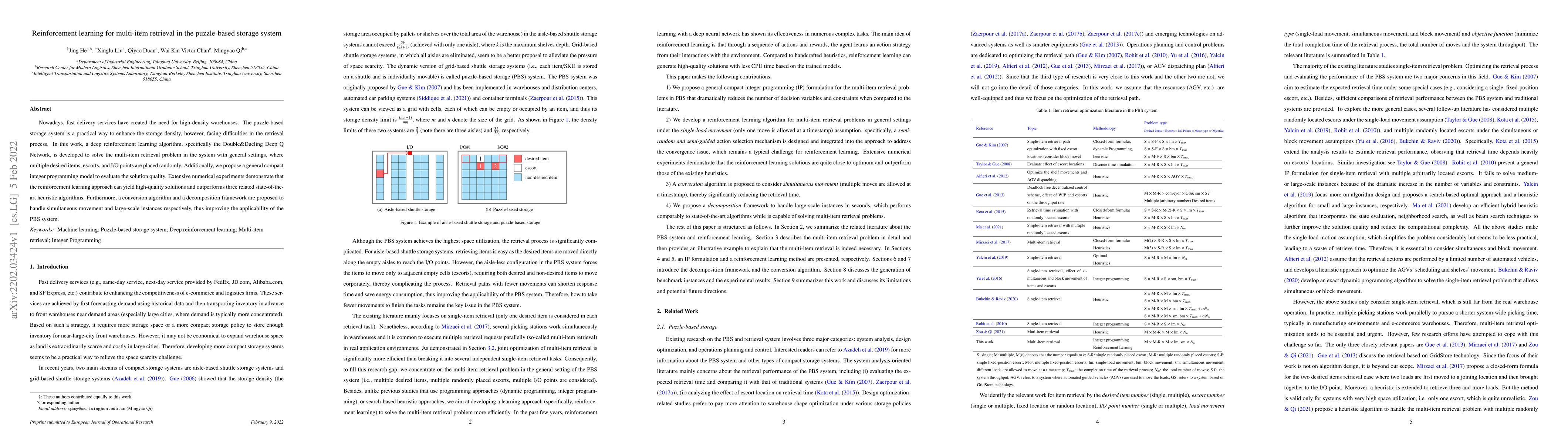 Thumbnail for Reinforcement learning for multi-item retrieval in the puzzle-based
  storage system