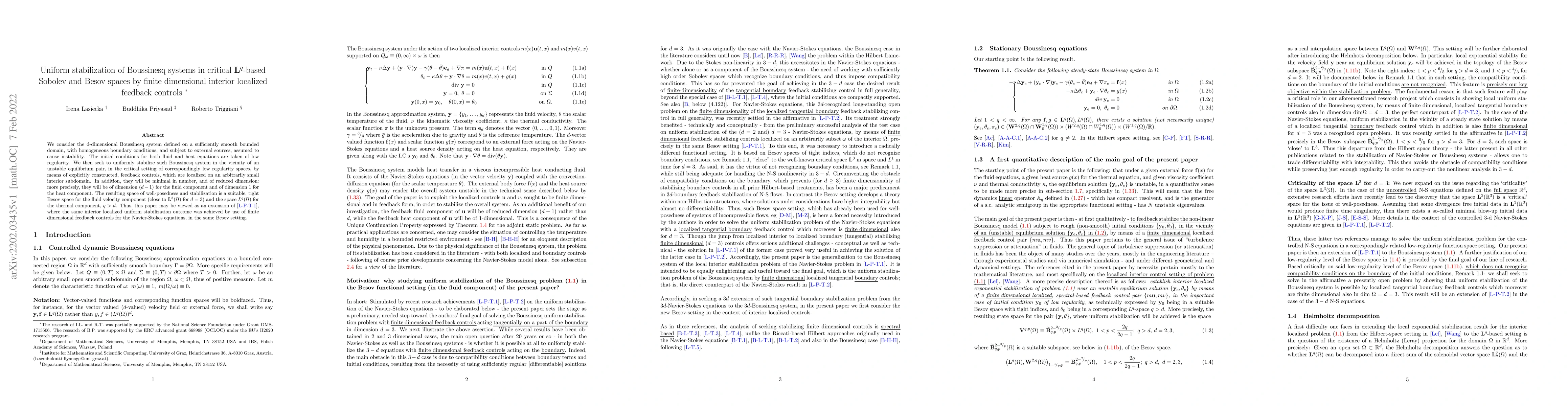 Thumbnail for Uniform stabilization of Boussinesq systems in critical
  $\mathbf{L}^q$-based Sobolev and Besov spaces by finite dimensional interior
  localized feedback controls
