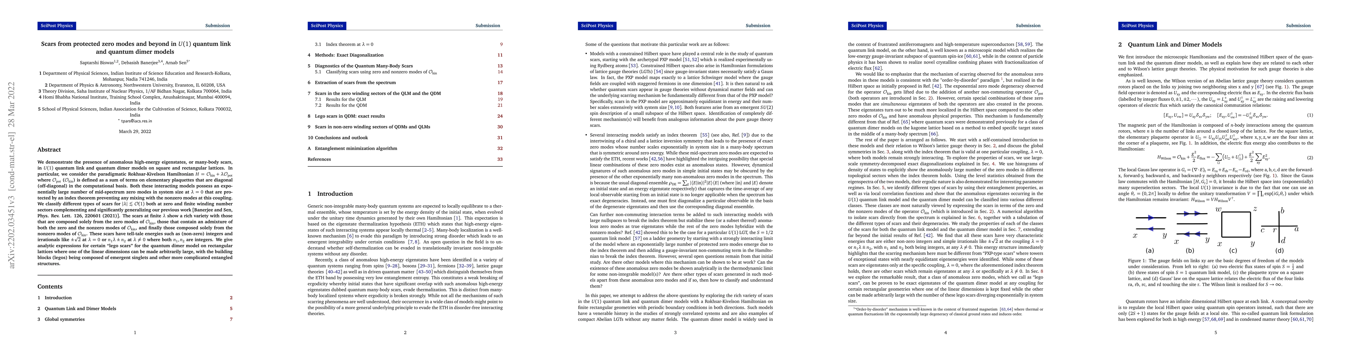 Thumbnail for Scars from protected zero modes and beyond in $U(1)$ quantum link and
  quantum dimer models