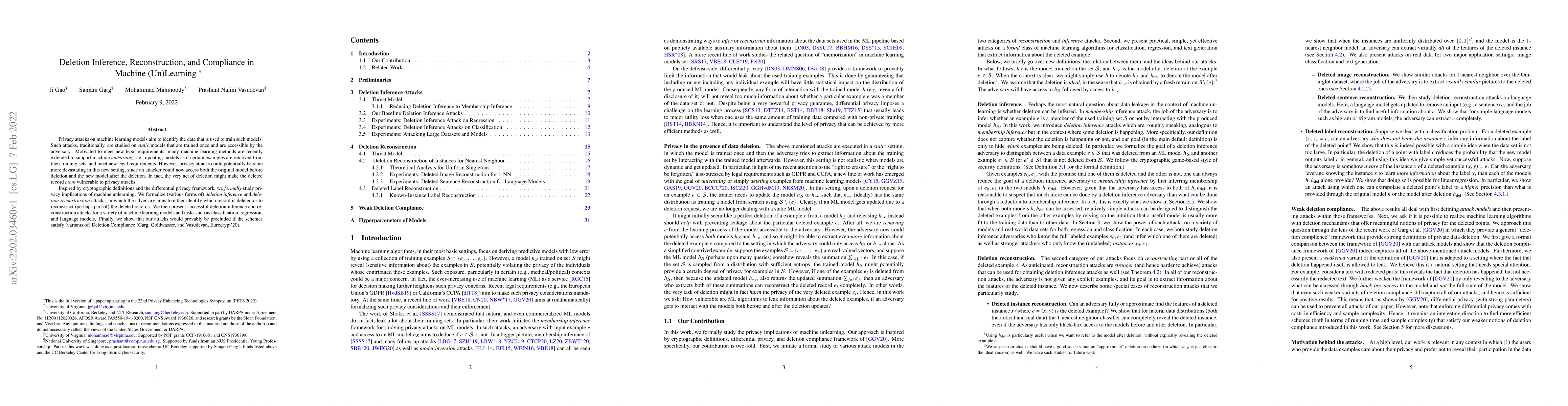 Thumbnail for Deletion Inference, Reconstruction, and Compliance in Machine
  (Un)Learning