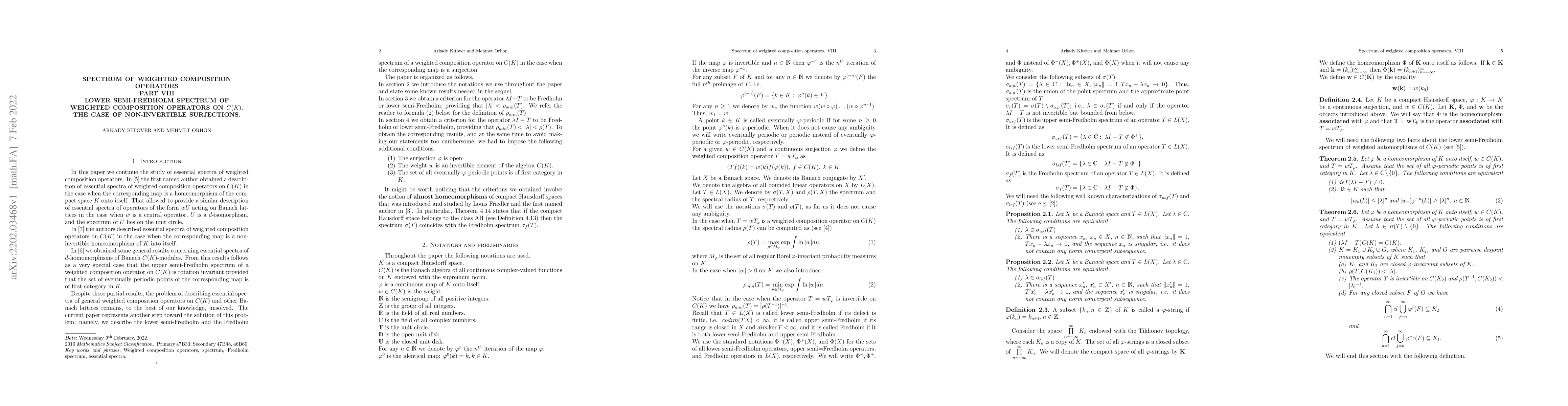 Thumbnail for Spectrum of weighted composition operators. Part VIII. Lower
  semi-Fredholm and Fredholm spectra of weighted compositions on $C(K)$, case
  of non-invertible surjections